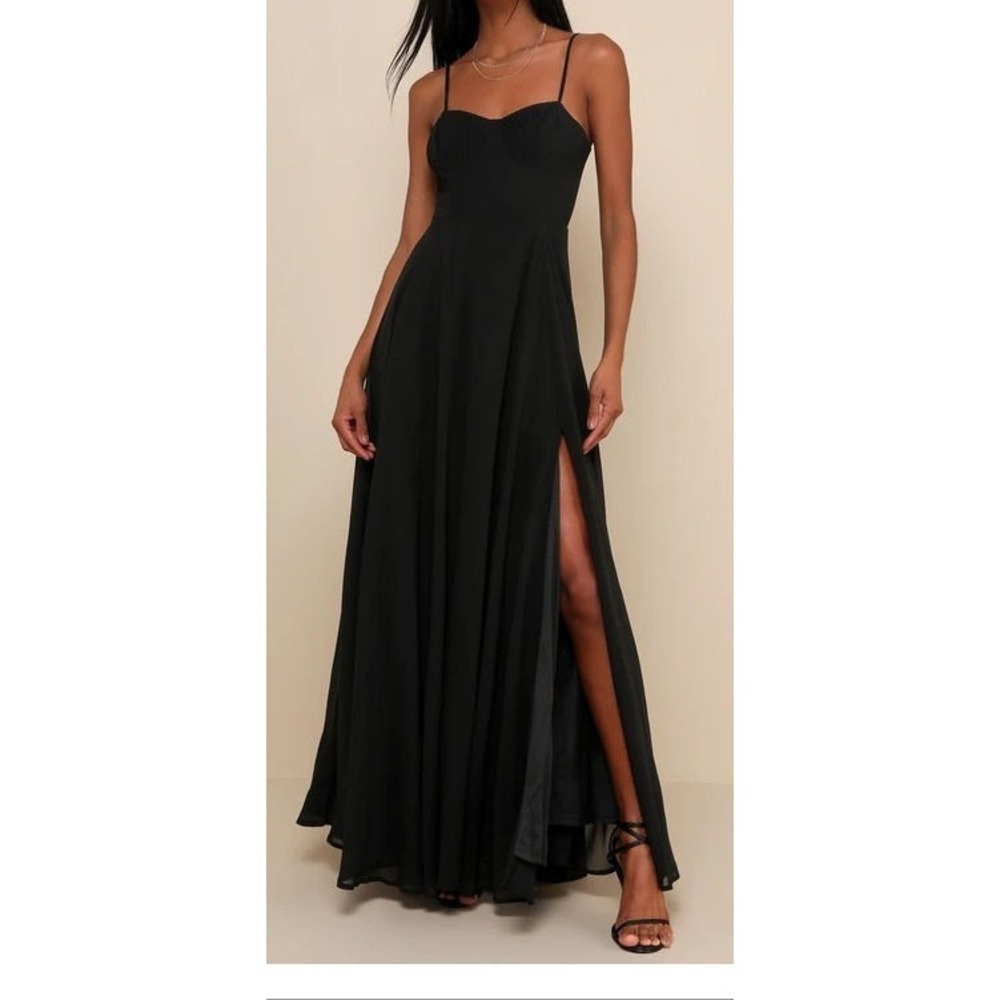 Lulus Cause for Commotion Black Pleated Bustier Chiffon Maxi Dress - Large